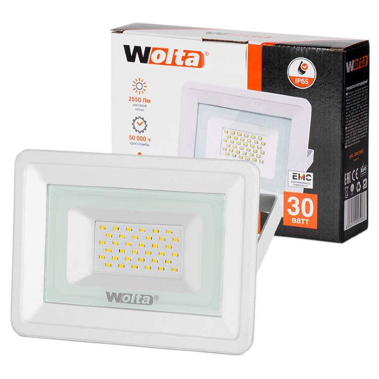 картинка Прожектор (LED)  30Вт 5700К 2700Лм IP65 белый Wolta от магазина Электротехника