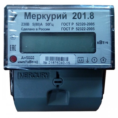 картинка Счетчик э/энергии 1тар. 5-80А/230 Меркурий 201.8 ЖКИ на ДИН-рейку от магазина Электротехника