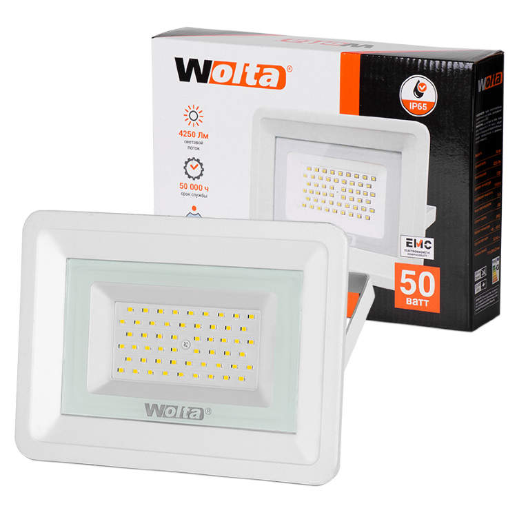 картинка Прожектор (LED)  50Вт 5700К 4500Лм IP65 белый Wolta от магазина Электротехника