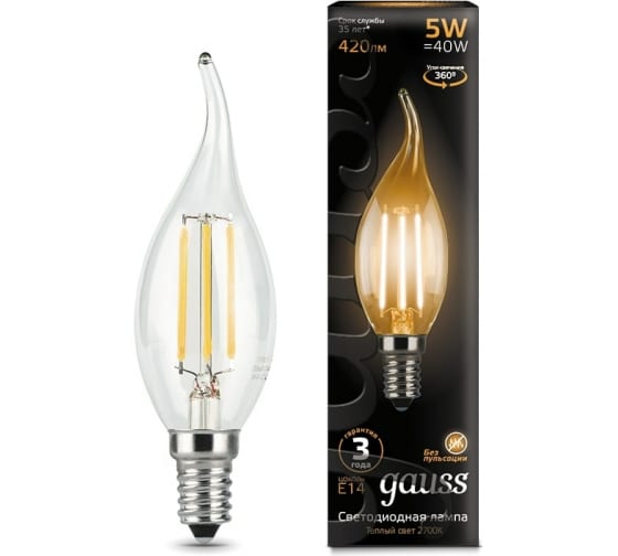 картинка Лампа LED  5Вт E14 (420lm) 2700К прозр. филамент. "свеча на ветру" Gauss от магазина Электротехника
