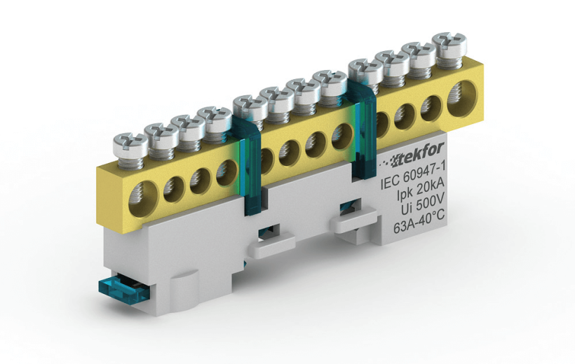 картинка Шина "N" нулевая 8х12 с DIN изолятором 10 отверстий Tekfor от магазина Электротехника