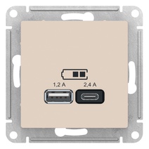 картинка Розетка 2-я USB СУ A+C 1,2А механизм бежевый ATLAS DESIGN от магазина Электротехника