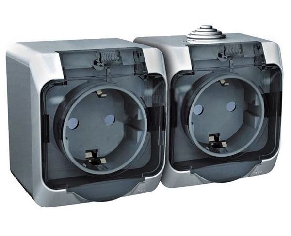 картинка Розетка 2-я откр. уст. 2P+E крышка/шторки IP44 серый  ЭТЮД от магазина Электротехника