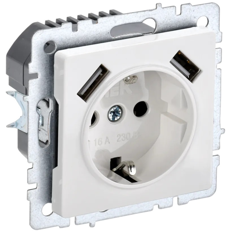 картинка Розетка 1-я 2P+E 16А с USB A+A 2,1А СУ шторки механизм белый BRITE от магазина Электротехника