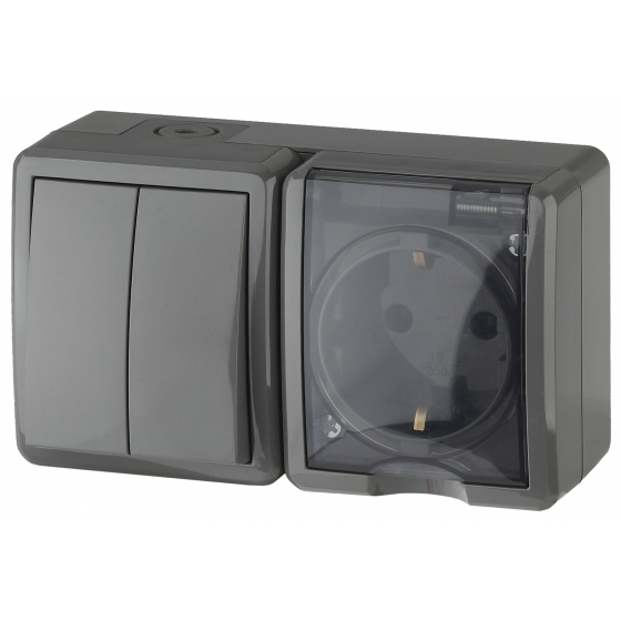 картинка Блок:Выключатель 2-кл+ розетка 2Р+Е с крышкой IP54,  250В, ОУ, серый. Эксперт ЭРА  от магазина Электротехника