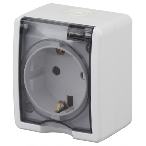 картинка Розетка 1-я 2Р+Е с крышкой, шторки IP54, 16А 250В, ОУ, белый, Эксперт ЭРА от магазина Электротехника
