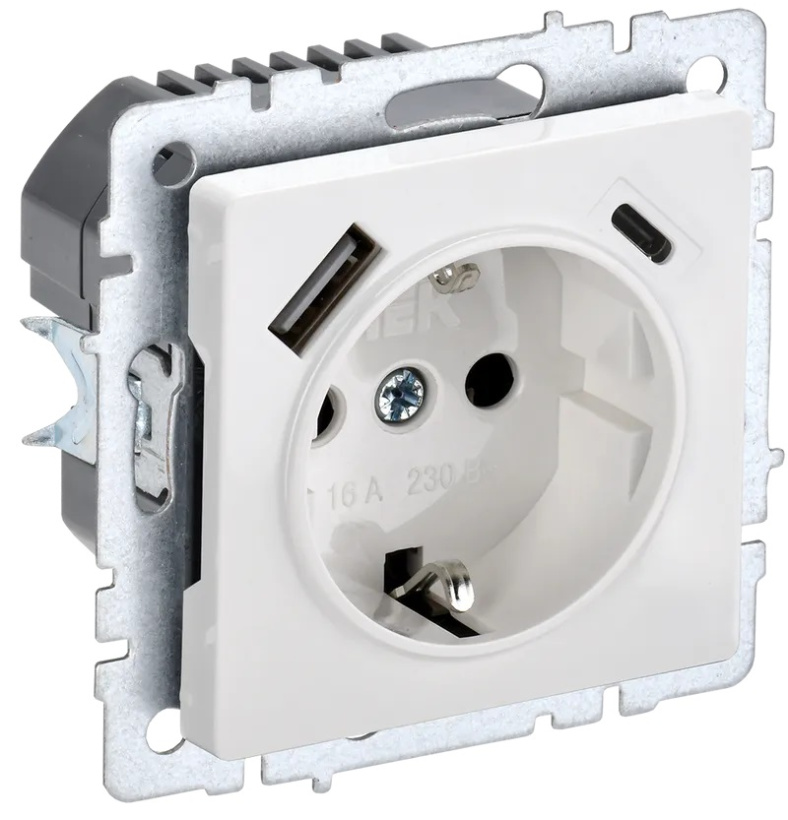 картинка Розетка 1-я 2P+Е 16А с USB A+C 18Вт СУ шторки механизм белый BRITE от магазина Электротехника
