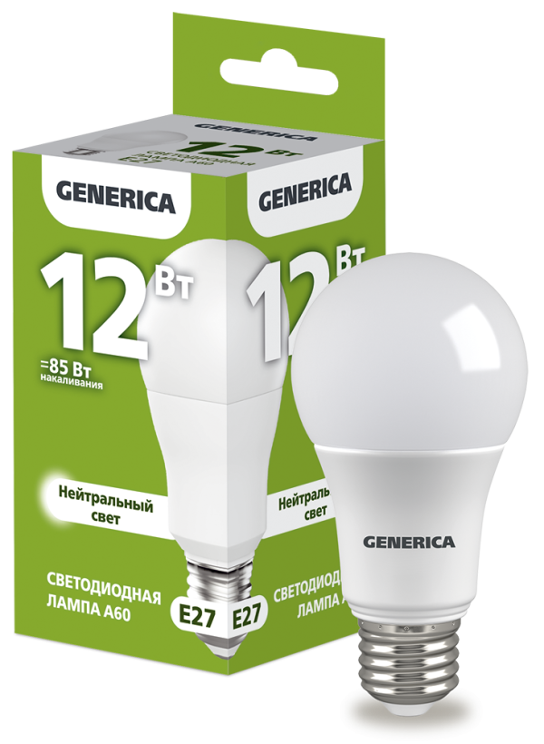 картинка Лампа LED A60 12Вт Е27 (1200lm) 4000K GENERICA IEK от магазина Электротехника