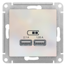 картинка Розетка 2-я USB СУ A+A 5В/2,1 А, 2х5В/1,05А механизм жемчуг ATLAS DESIGN от магазина Электротехника