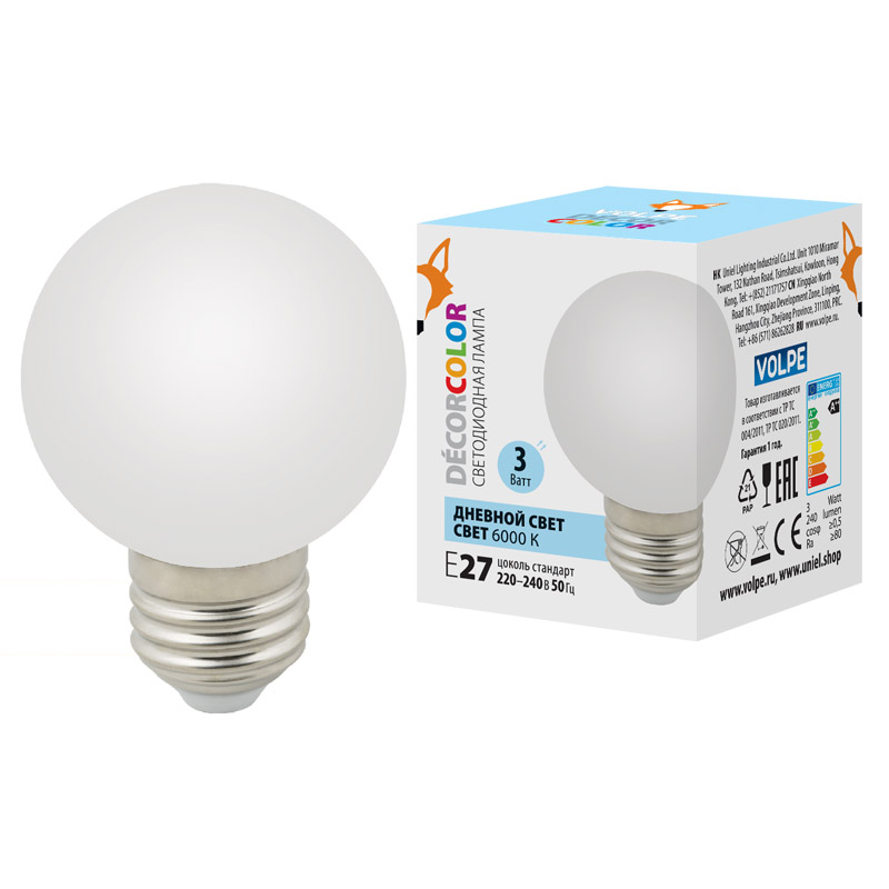 картинка Лампа LED  3 Вт E27 (240lm) 6000К 230В "шар" декоративная Uniel от магазина Электротехника