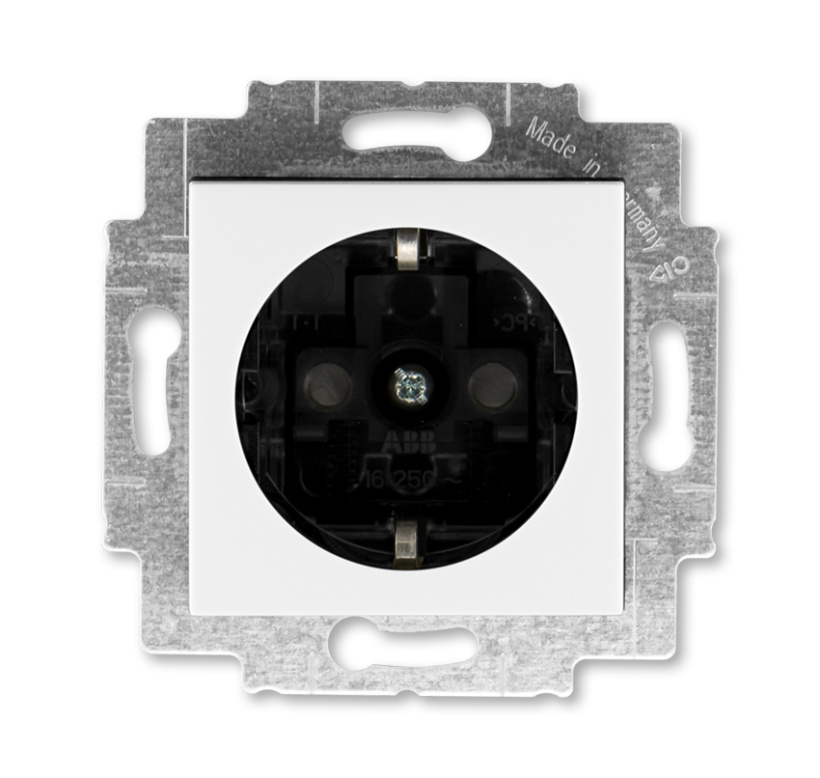 картинка Розетка 1-я 2P+E 16А СУ шторки механизм белый/дымчатый чёрный LEVIT от магазина Электротехника