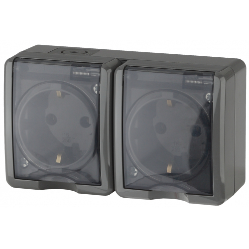 картинка Розетка 2-я 2Р+Е с крышкой, шторки IP54, 16А 250В, ОУ, серый, Эксперт ЭРА !!! от магазина Электротехника