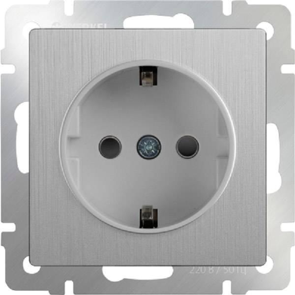 картинка Розетка 1-я. 16А СУ с заземлением и шторками IP44 серебряный рифленый Werkel от магазина Электротехника