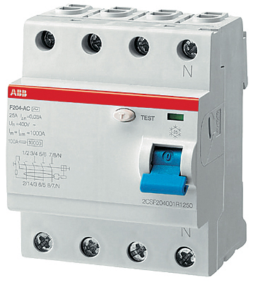 картинка Устройство защитного отключения 4-пол. 25A 30mA F204 AC-25/0,03 ABB от магазина Электротехника