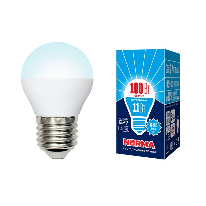 картинка Лампа LED 11Вт E27 (900lm) 4000К 100 Вт матовая "шар" Volpe от магазина Электротехника