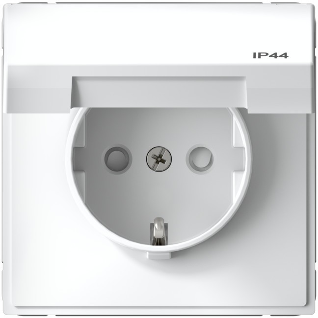 картинка Розетка 1-я 2P+E 16А IP44 с заземл. защ. шторки с крышкой механизм белый ArtGallery от магазина Электротехника