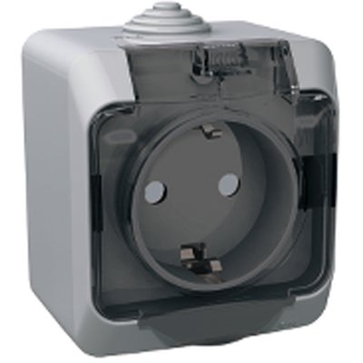 картинка Розетка 1-я откр. уст. 2P+E крышка/шторки IP44 серый  ЭТЮД от магазина Электротехника