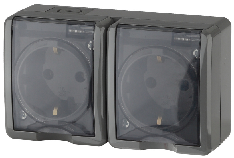 картинка Розетка 2-я 2Р+Е с крышкой IP54, 16А 250В, ОУ, серый, Эксперт ЭРА  от магазина Электротехника