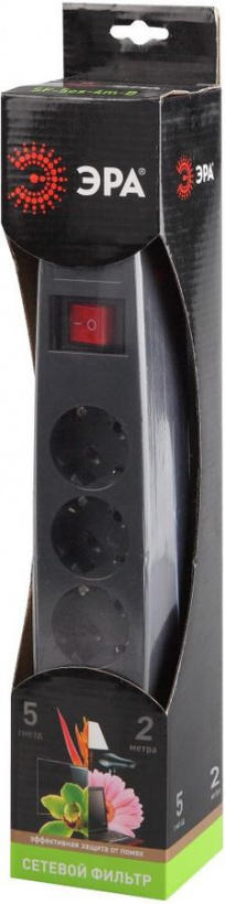 картинка Фильтр сетевой 5гн 2м с з/к с выключателем черный ЭРА от магазина Электротехника
