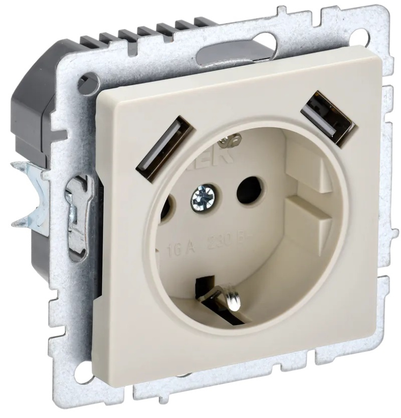 картинка Розетка 1-я 2P+E 16А с USB A+A 2,1А СУ шторки механизм бежевый BRITE от магазина Электротехника