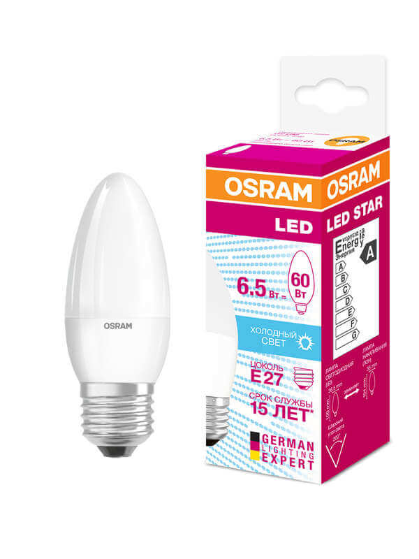 картинка Лампа LED  6.5Вт Е27 (550lm) 4000K матов. "свеча" LS CLB 60 OSRAM !!! от магазина Электротехника