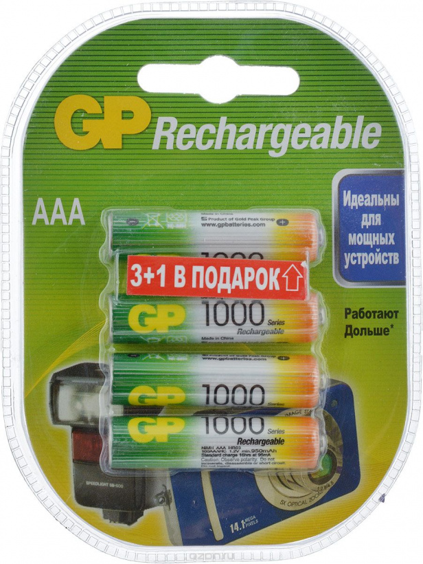 картинка Аккумулятор AAА (1000 mAh) (4 шт в бл) GP Rechargeable от магазина Электротехника