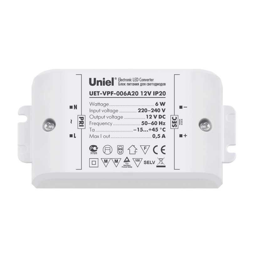 картинка Блок питания для свет. лент   6Вт 12V IP20 с защитой от к/з и перегрузок UET-VPF-006A20 Uniel от магазина Электротехника