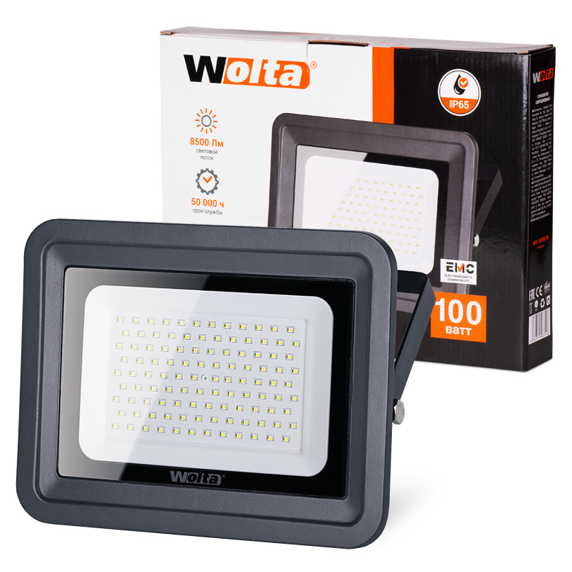 картинка Прожектор (LED) 100Вт 5700К 9000Лм IP65 серый Wolta от магазина Электротехника