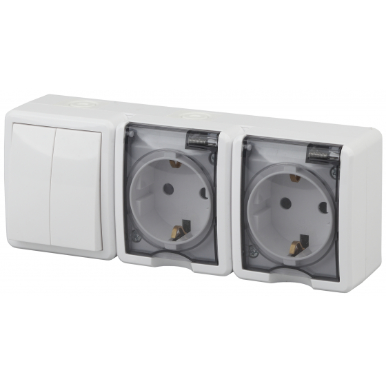 картинка Блок:Выключатель 2-кл+ розетки 2х2Р+Е с крышкой IP54,  250В, ОУ, белый, Эксперт ЭРА  от магазина Электротехника