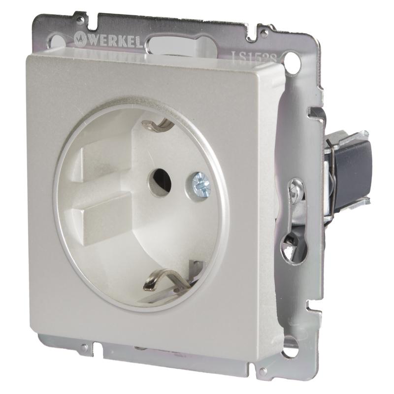 картинка Розетка 1-я. 16А СУ с заземлением и шторками IP44 серебряная Werkel от магазина Электротехника
