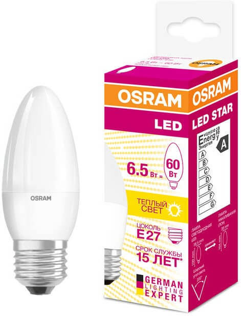 картинка Лампа LED  6.5Вт Е27 (550lm) 3000K матов. "свеча" LS CLB 60 OSRAM !!! от магазина Электротехника