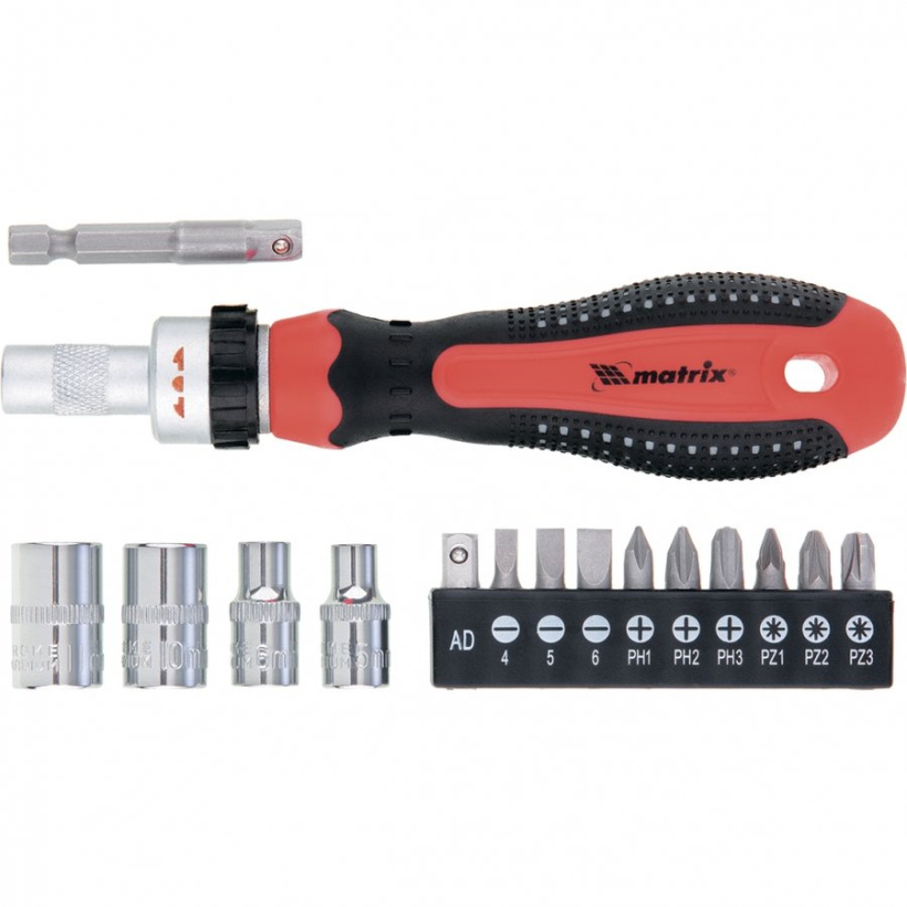 картинка Отвёртка реверсивная с набором бит и насадок торцевых,CrV,16шт Matrix от магазина Электротехника
