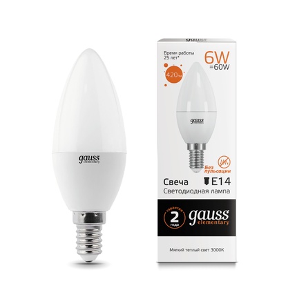 картинка Лампа LED  6Вт E14 (420lm) 3000К "свеча" Gauss от магазина Электротехника