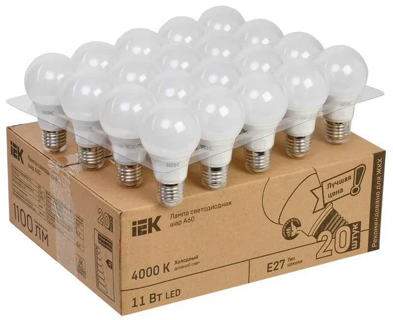 картинка Лампа LED A60 11 Вт Е27 (990lm)  4000K 230В ИЭК (упаковка 20шт) от магазина Электротехника