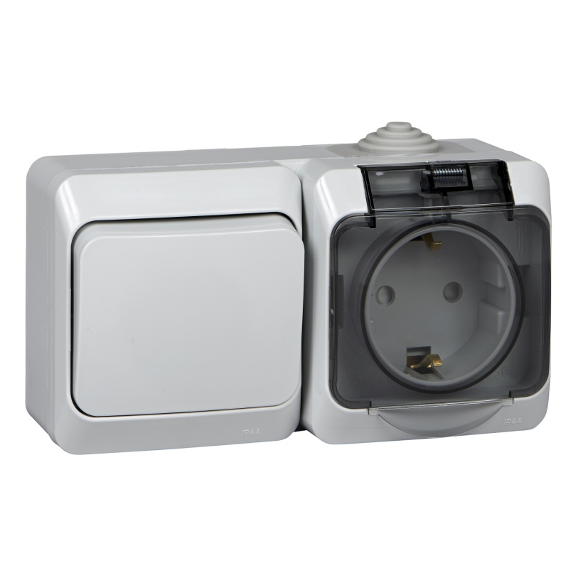 картинка Блок: Выключатель 1-кл.+Розетка 2P+E со шторками IP44 серый  ЭТЮД от магазина Электротехника