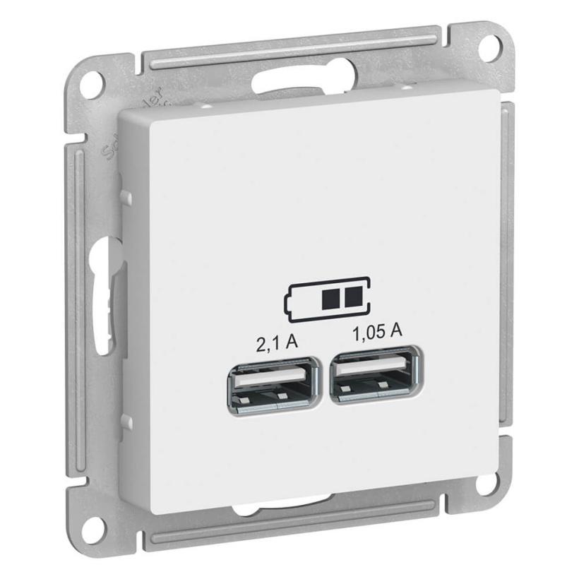 картинка Розетка 2-я USB СУ A+A 5В/2,1А, 2х5В/1,05А механизм белый ATLAS DESIGN от магазина Электротехника