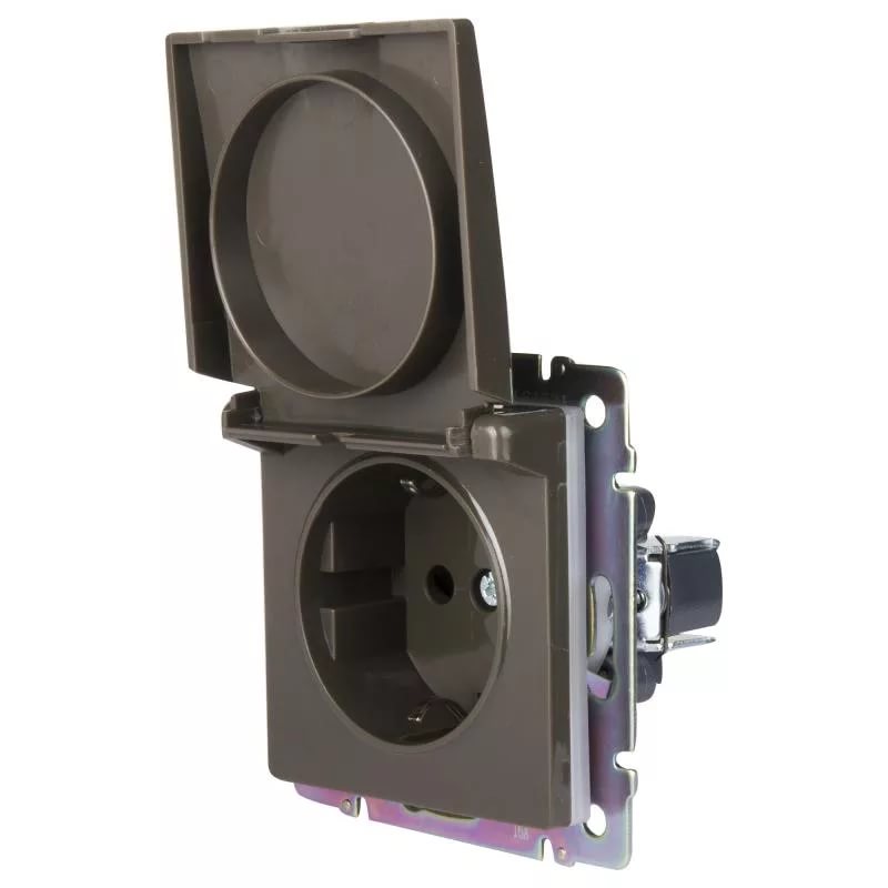 картинка Розетка 1-я. 16А СУ с заземлением, шторкой, с крышкой IP44 серо-коричневая Werkel от магазина Электротехника