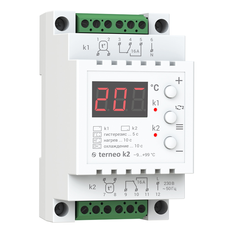 картинка Терморегулятор двухконтурный с датчиком пола на DIN рейку 230V, 2х16A, -9/+99C Terneo k2 от магазина Электротехника