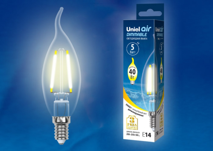 картинка Лампа LED  5Вт E14 (450lm) 3000К "свеча на ветру" прозрачная Uniel от магазина Электротехника