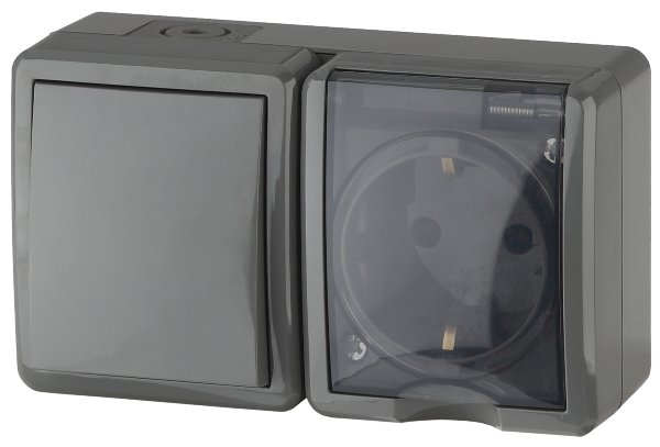 картинка Блок:Выключатель 1-кл+ розетка 2Р+Е с крышкой IP54,  250В, ОУ, серый. Эксперт ЭРА  от магазина Электротехника