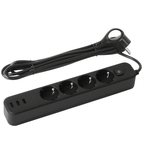 картинка Фильтр сетевой 4-пост+3xUSBA  с з/к 10А с выключателем черный 3м ЭРА от магазина Электротехника