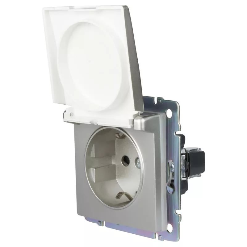 картинка Розетка 1-я. 16А СУ влагозащ. с зазем. с защит. крышкой и шторками IP44 серебряная Werkel от магазина Электротехника