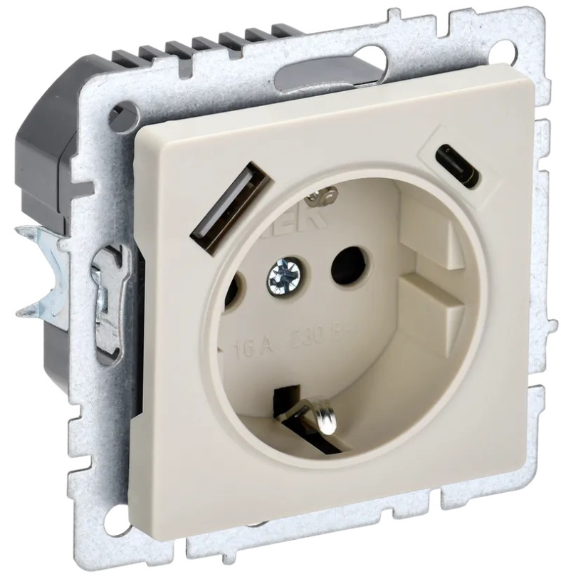 картинка Розетка 1-я 2P+Е 16А с USB A+C 18Вт СУ шторки механизм бежевый BRITE от магазина Электротехника