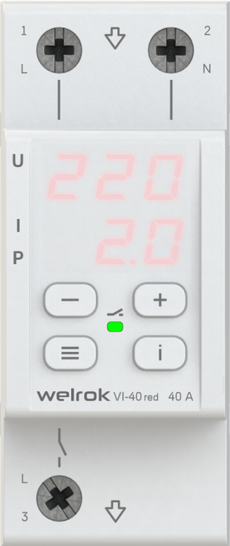 картинка Реле контроля 1-фаз. напряжения с контролем тока и мощности 40А VI-40 red Welrok от магазина Электротехника