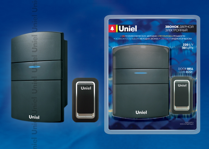 картинка Звонок проводной (электронный) 32 мелод. 3 уровня громк. черный Uniel от магазина Электротехника