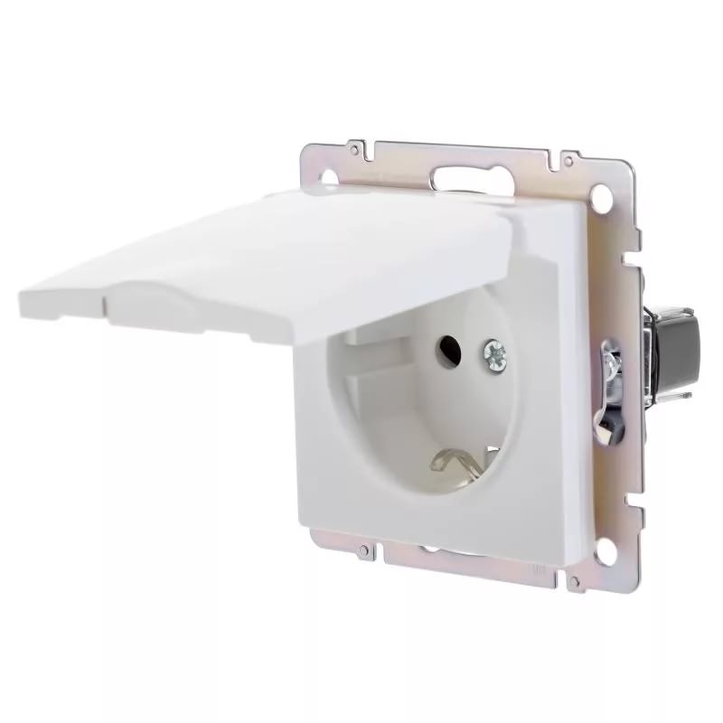 картинка Розетка 1-я 2P+E 16А СУ со шторками крышкой IP44 механизм белый Werkel от магазина Электротехника