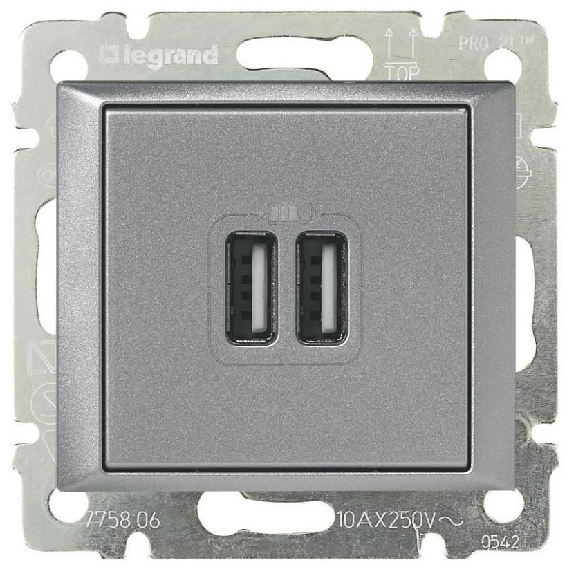картинка Розетка 2-я USB СУ механизм алюминий VALENA от магазина Электротехника